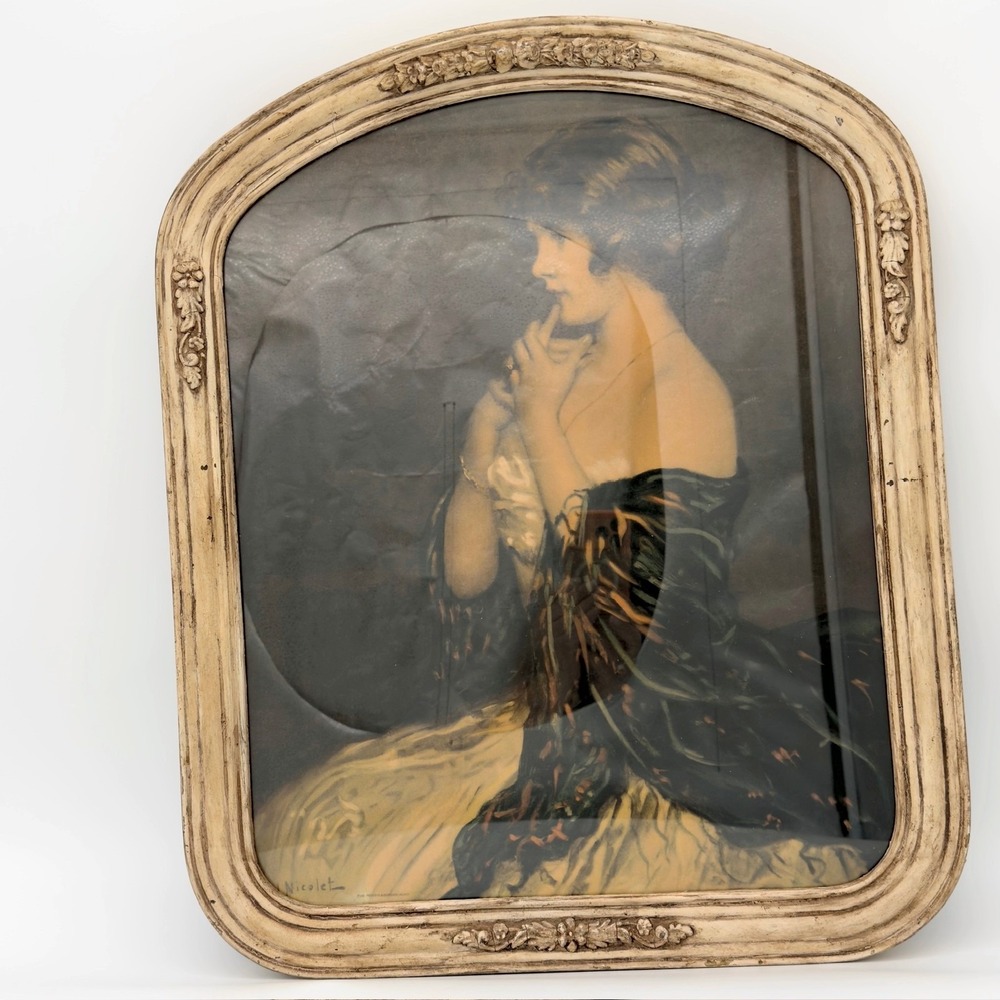 Antique Framed Print Gabriel Nicolet Portrait Ornate Carved Wood Arched Alice